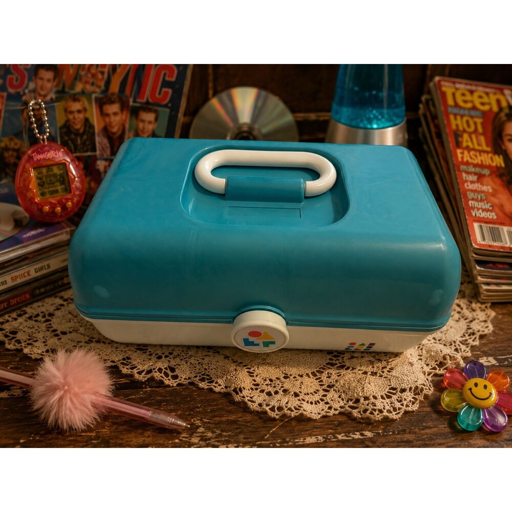 Vintage Caboodles Model 5528 Blue White Makeup Case Organizer Made USA
